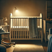  Minimalist nursery softly lit by a nightlight, 18 Month Sleep Regression creating a peaceful atmosphere with a simple crib as the focal point.